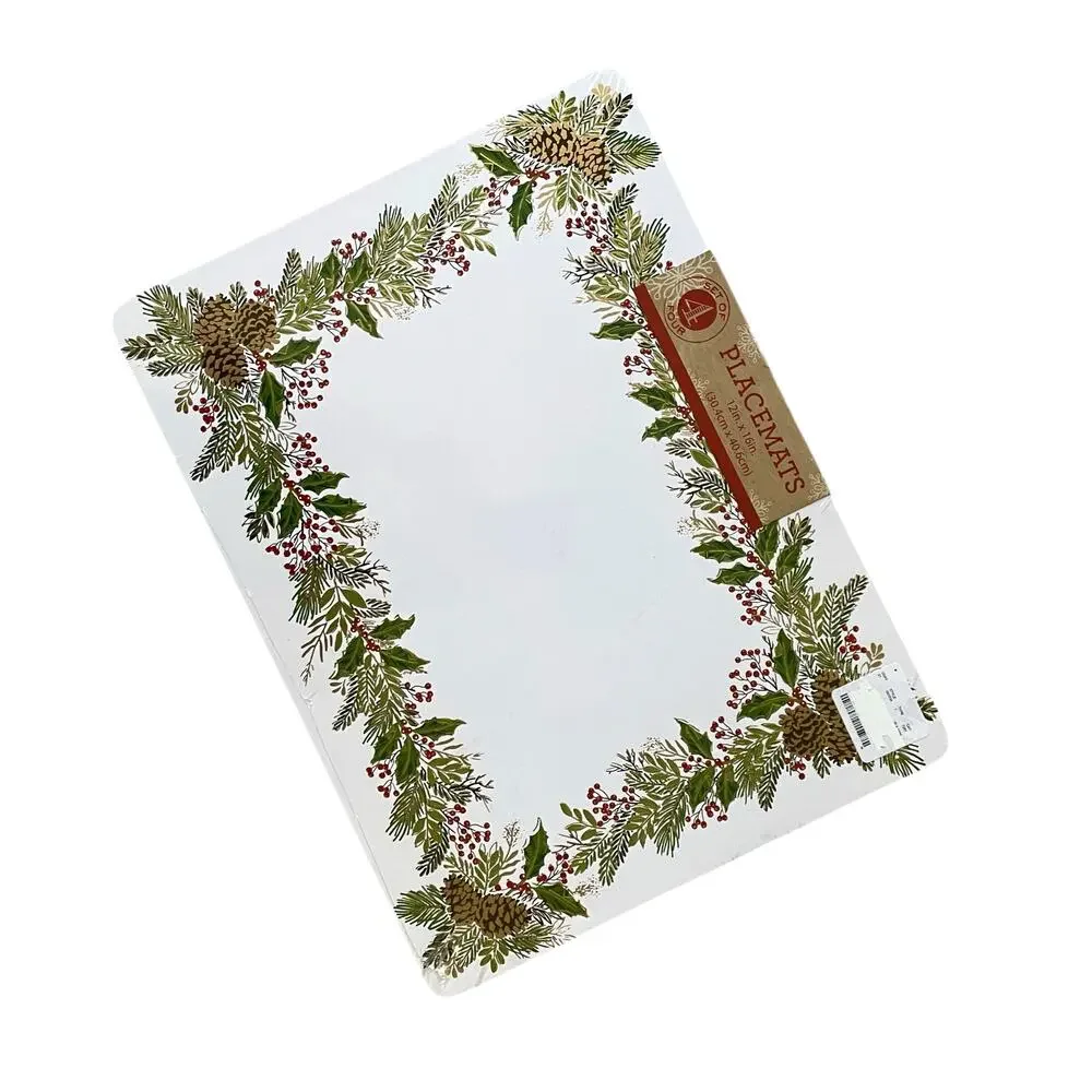 Christmas Cork Backed Hard Placemats Holiday Holly & Pine Garland Set of 4 New